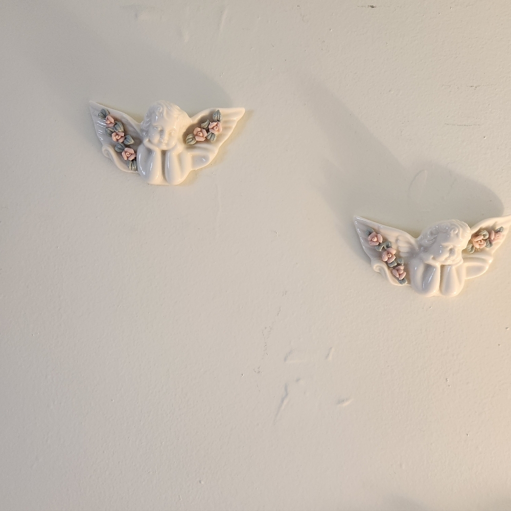 Vintage Pair Wall baby Cherub Angels Ceramic Pink & Mint Cottage Core Decor